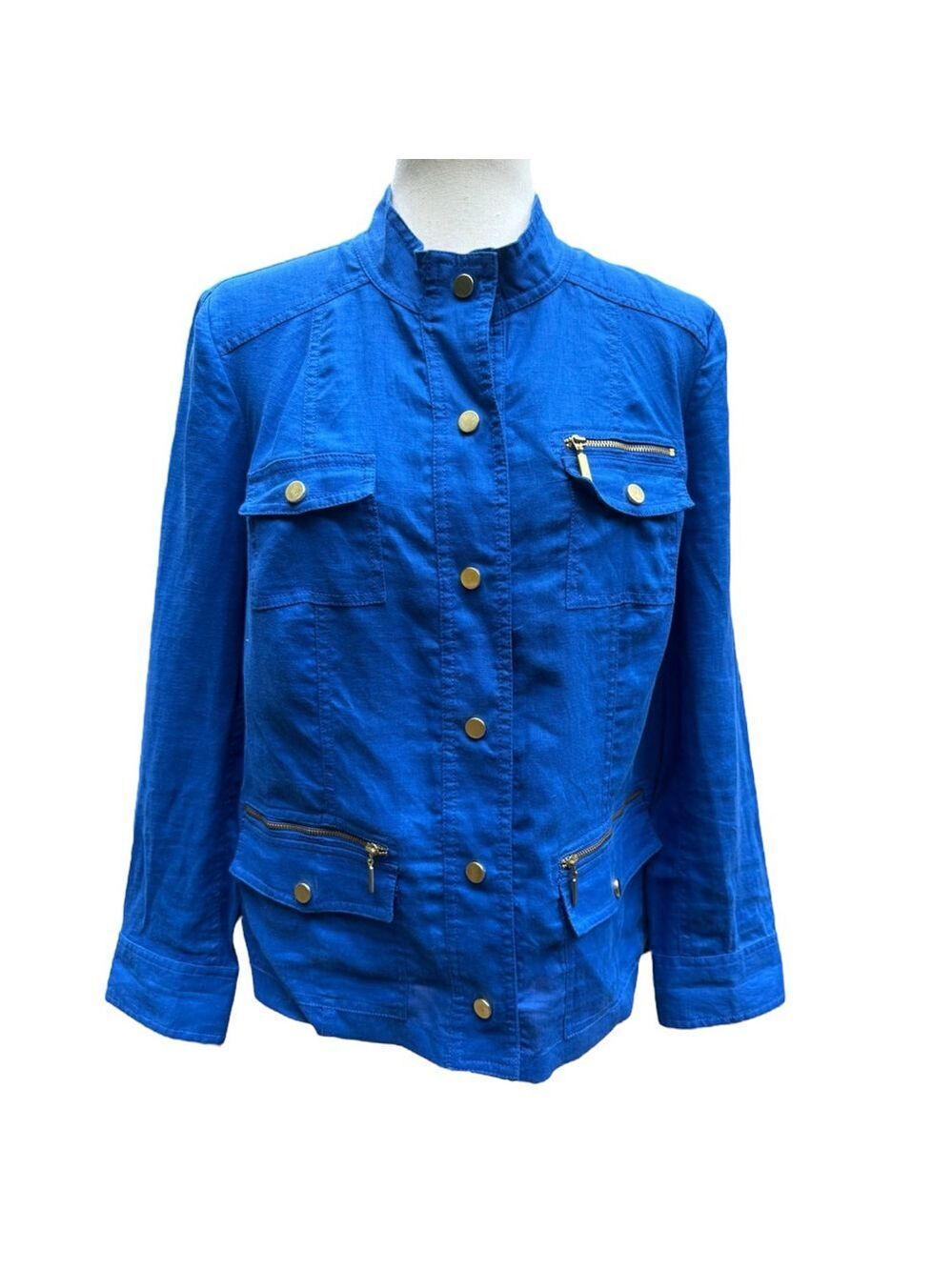 Chico’s 100% Linen Blue Utility Jacket Size 1 (M) Gold Zip Pocket Detail Classic - Picture 2 of 12